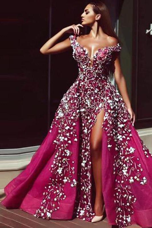 Luxurious Fuchsha Sparkle Sequin Off-the-shoulder Overskirt Evening Dress-Ballbella