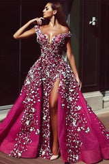 Luxurious Fuchsha Sparkle Sequin Off-the-shoulder Overskirt Evening Dress-Ballbella