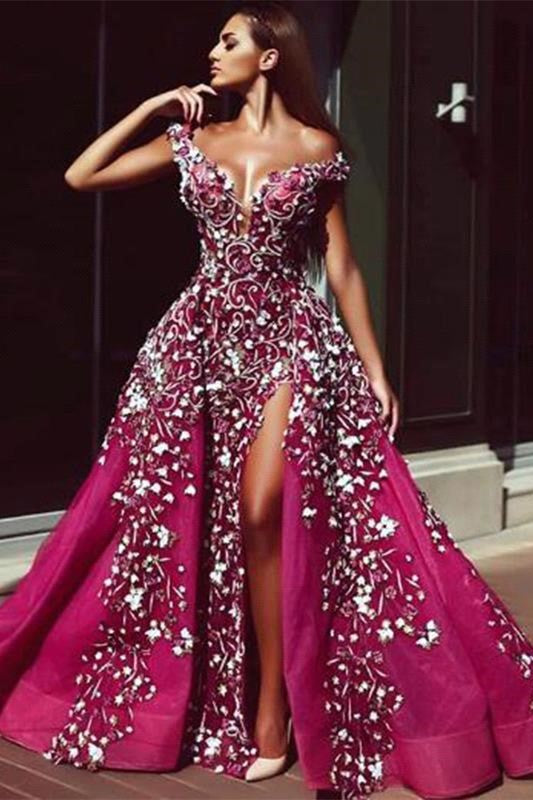 Luxurious Fuchsha Sparkle Sequin Off-the-shoulder Overskirt Evening Dress-Ballbella