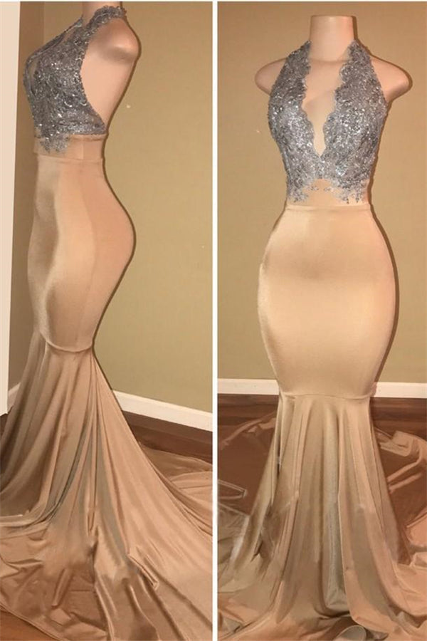 Luxurious Halter Sleeveless Lace Applique Mermaid Prom Dresses-Ballbella