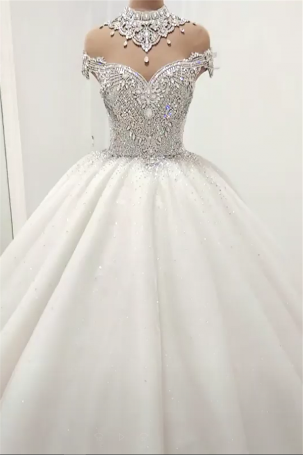 Luxurious High Neck Crystal Beading Ball Gown Wedding Dresses-Ballbella