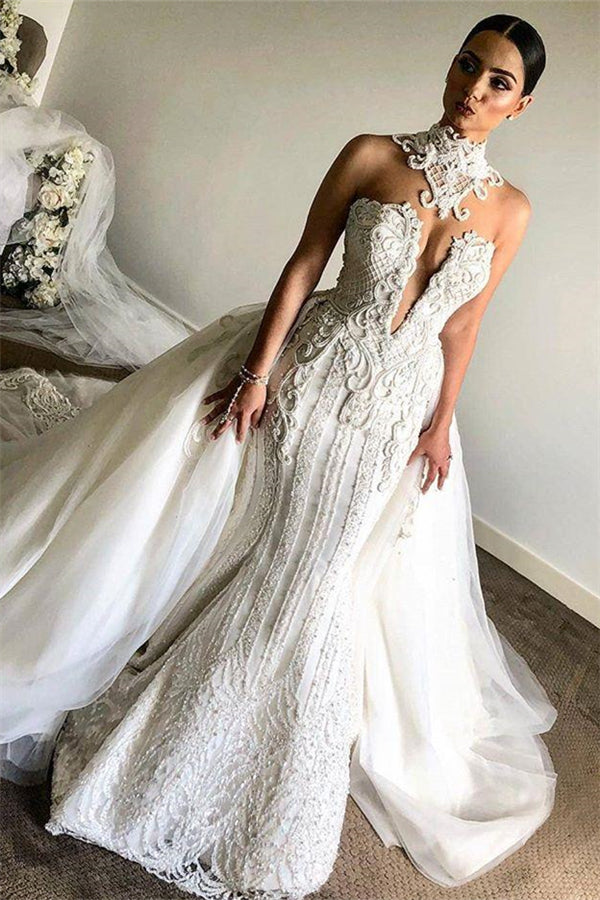 Luxurious High Neck Mermaid Sleeveless Wedding DressNew Arrival Lace Appliques Overskirt Bridal Gown-Ballbella