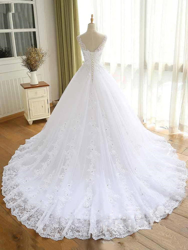Ballbella offers Luxurious Lace Beaded Wedding Dresses latest V Neck Straps Long Ball Gown Wedding Party Bridal Dress at a good price from White,Ivory,Blushing Pink,Champagne,Black, Lace to A-line Floor-length hem. Extra coupon to save a heap.
