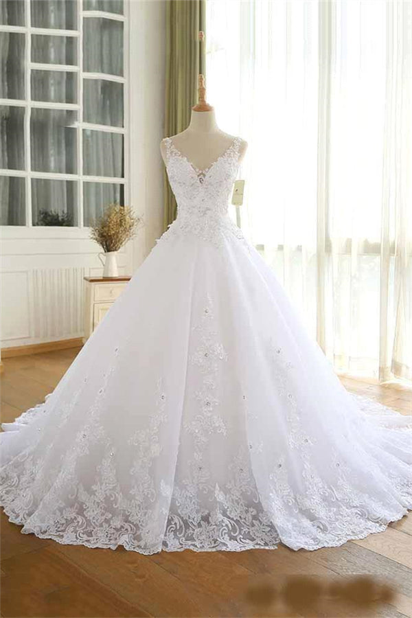 Luxurious Lace Beaded Wedding Dresses New Arrival V Neck Straps Long Ball Gown Wedding Party Bridal Dress-Ballbella