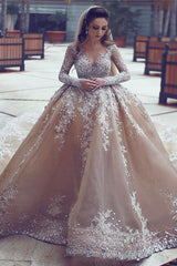 Luxurious Long Sleeve Beadings Ball Gown Appliques Wedding Dress-Ballbella