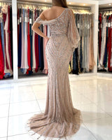 Luxurious Long Sleeve Beadings Prom Dress Long Mermaid Eevning Gowns With Slit-Ballbella