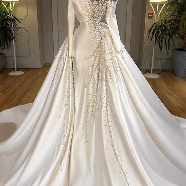 Luxurious Long Sleeve Pearls Overskirt Wedding Dress Online Luxurious Long Sleeve Pearls Overskirt Wedding Dress Online