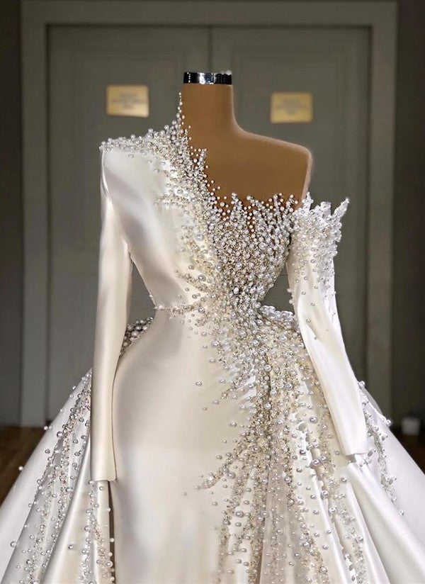 Luxurious Long Sleeve Pearls Overskirt Wedding Dress Online-Ballbella