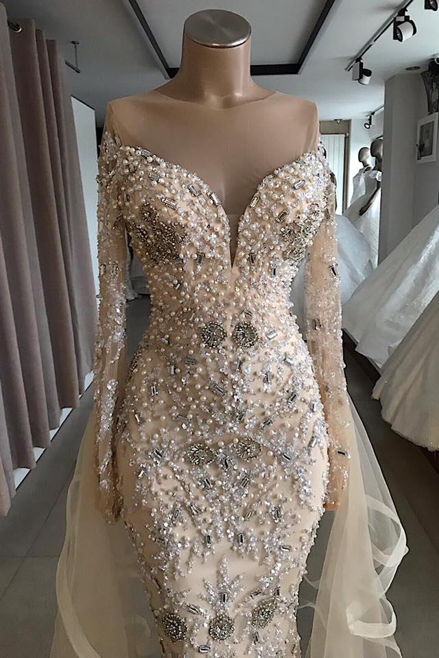 Luxurious Long Sleeves off-the-shoulder Prom Party Gowns with fully-covered beads-Ballbella