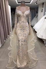 Shop for Luxurious Long Sleeves off-the-shoulder Prom Party Gowns with fully-covered beads at best prices. Ballbella has the best handmade details for fully beaded prom dresses online.