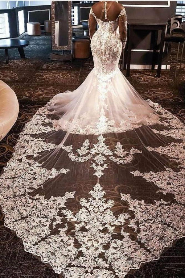 Luxurious Long Sleevess Beading Appliques Rhinestones Mermaid