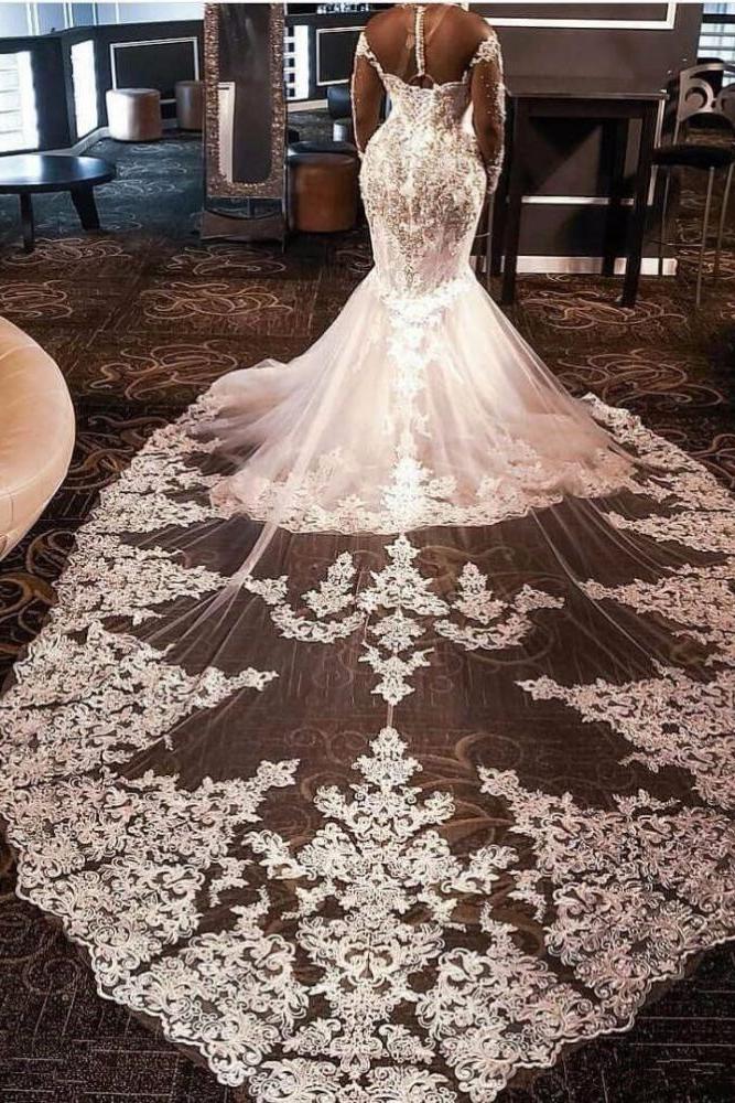 Luxurious Long Sleevess Beading Appliques Rhinestones Mermaid Wedding Dress with Sweep Train-Ballbella