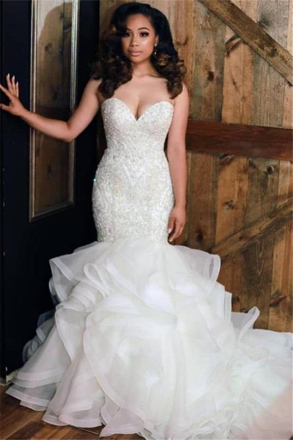 Luxurious Mermaid Beading Wedding Dresses Sweetheart Neck Ruffless Skirt Bridal Gowns-Ballbella