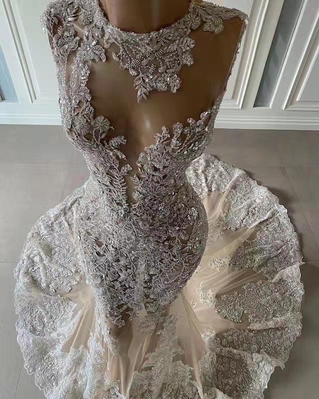Luxurious Mermaid Lace Appliques Wedding Dress Sheer Skirt-Ballbella