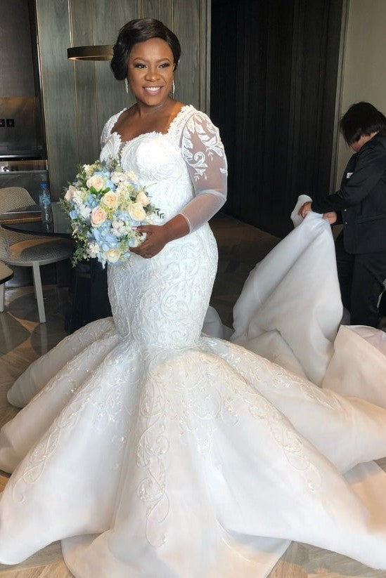 Luxurious Mermaid Lace Wedding Dresses Chapel Train Long Sleevess Appliques Bridal Gowms-Ballbella