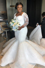 Luxurious Mermaid Lace Wedding Dresses Chapel Train Long Sleevess Appliques Bridal Gowms-Ballbella