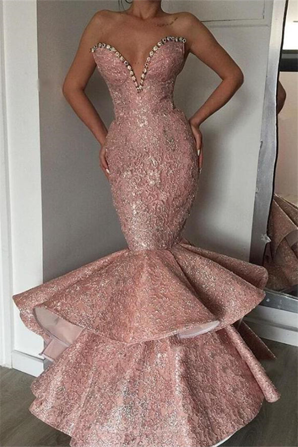 Luxurious Mermaid Sweetheart Crystal Prom Dresses Evening Gowns-Ballbella