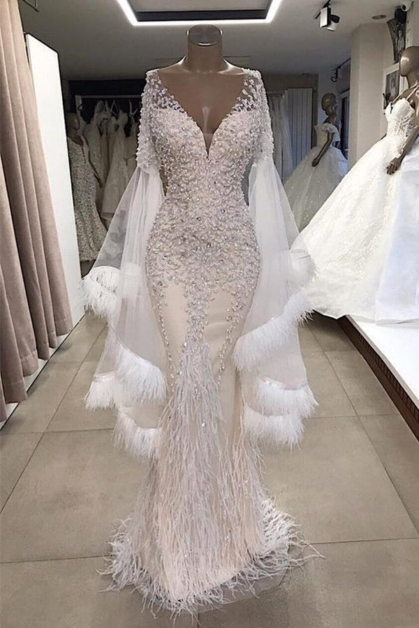 Ballbella offers new Luxurious Mermaid V-neck Long Sleevess Crystal Floor Length Prom Dresses With Tassels Beading Evening Gowns at cheap prices. It is a gorgeous Column Evening Dresses in Tulle, Lace,  which meets all your requirement.