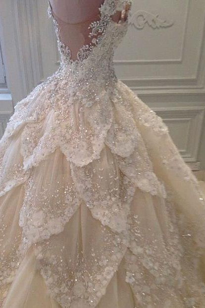 Luxurious Off the Shoulder Beading Wedding Dress Crystal Tiered Chapel Train Bridal Gowns-Ballbella
