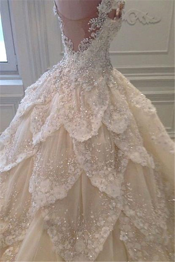 Luxurious Off the Shoulder Beading Wedding Dress Crystal Tiered Chapel Train Bridal Gowns-Ballbella