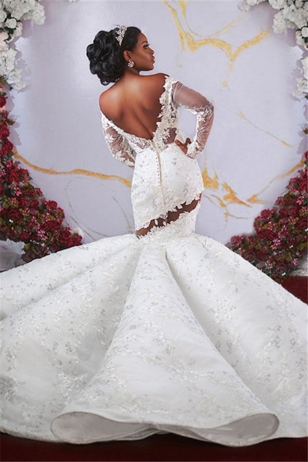 Luxurious Off the shoulder Long Sleevess Mermaid Ruffless Appliqued Beading Wedding Dresses-Ballbella