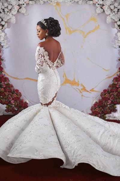 Luxurious Off The Shoulder Long Sleevess Mermaid Ruffless Appliqued Beading Wedding Dresses