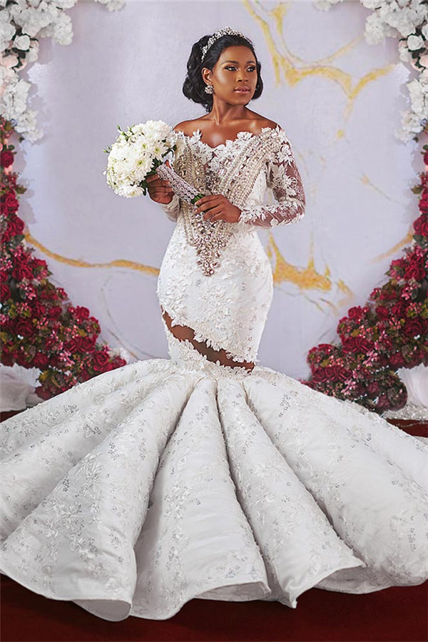 Luxurious Off the shoulder Long Sleevess Mermaid Ruffless Appliqued Beading Wedding Dresses-Ballbella