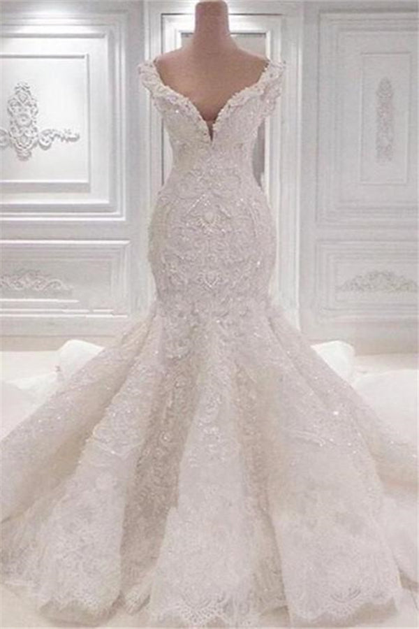 Luxurious Off the Shoulder Mermaid Wedding Dress New Arrival Lace AppliquesBridal Gowns-Ballbella