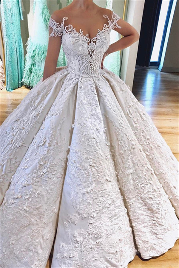 Luxurious Off the Shoulder V Neck Lace Appliques Ball Gowns Wedding Dress-Ballbella