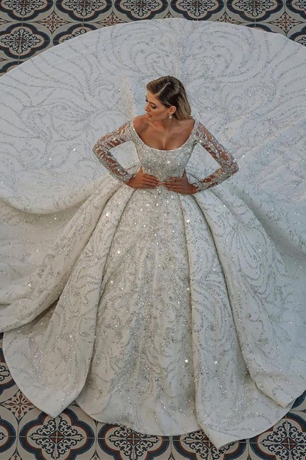 Luxurious Princess Ball Gown Long Sleevess Sparkly sequins Bridal Gowns with Sweep Train Luxurious Princess Ball Gown Long Sleevess Sparkly sequins Bridal Gowns with Sweep Train