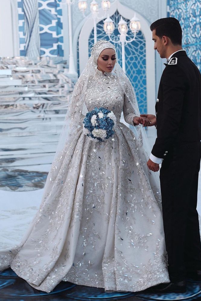 Luxurious Sequins Bridal Gown Aline Long Sleeves Highneck Sweep Train-Ballbella