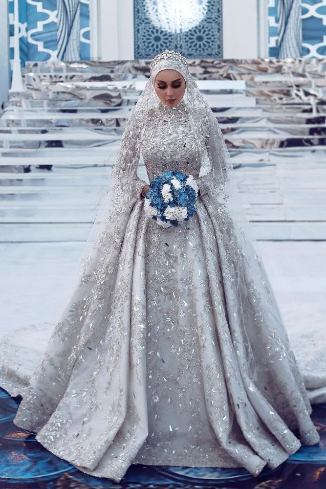 Luxurious Sequins Bridal Gown Aline Long Sleeves Highneck Sweep Train-Ballbella
