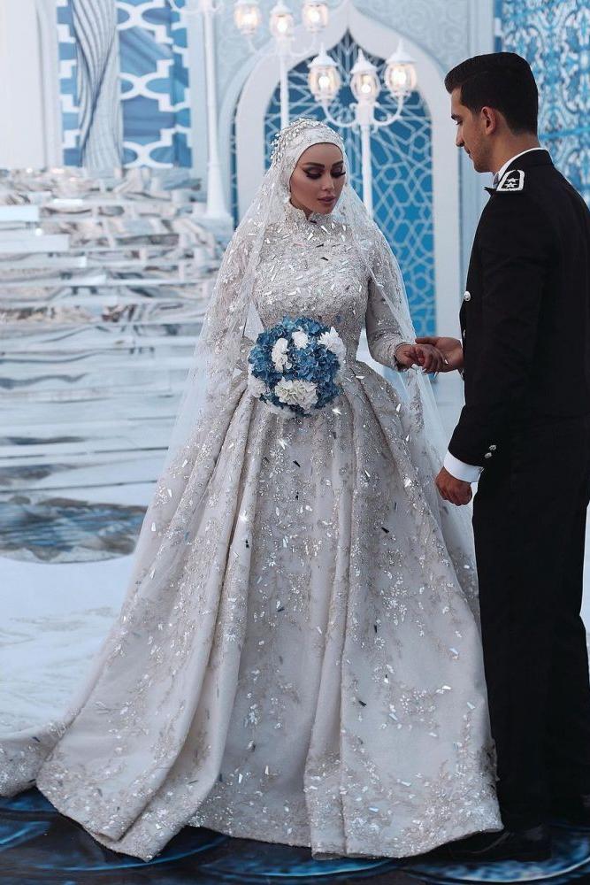 Luxurious Sequins Bridal Gown Aline Long Sleeves Highneck Sweep Train-Ballbella