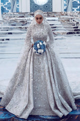 Luxurious Sequins Bridal Gown Aline Long Sleeves Highneck Sweep Train-Ballbella
