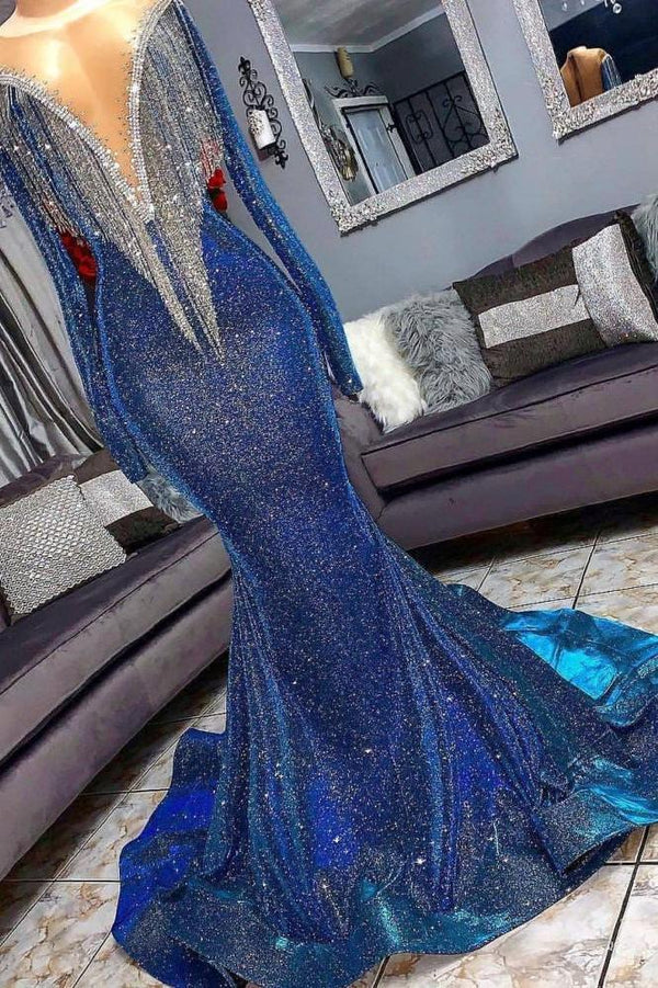 Luxurious Sequins Long Sleevess Mermaid Sheer Neckline Prom Dresses-Ballbella