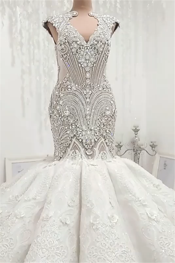 Luxurious Sleeveless Appliques Rhinestones Mermaid Wedding Bridal Gowns-Ballbella