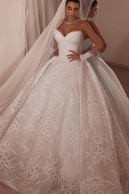 Ballbella.com supplies you Luxurious Sparkle Beaded Ball Gown Tulle Lace Illusion neck Wedding Dress online at an affordable price, 1000+ options to choose from.