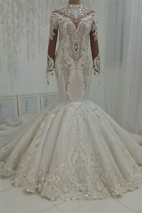 Luxurious Sparkle Beaded High neck Fit and Flare Mermaid Wedding Dress-Ballbella