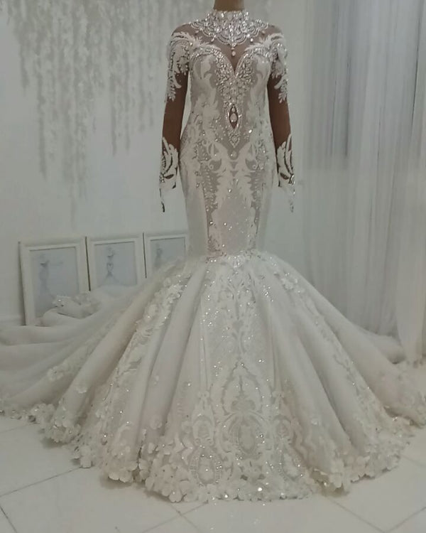 Ballbella.com supplies you Luxurious Sparkle Beaded High neck Fit and Flare Mermaid Wedding Dress at reasonable price. Fast delivery worldwide. 