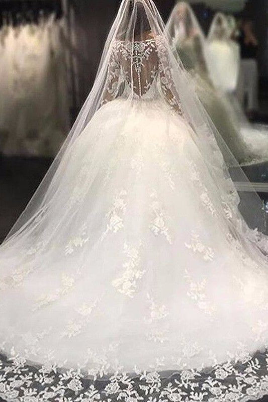 Luxurious Tulle Appliques Scoop Long Sleeves Crystal Wedding Dress-Ballbella