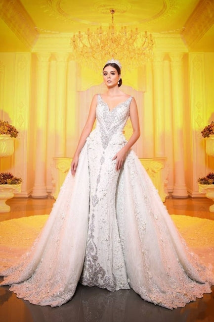 Ballbella offers Luxurious V-Neck Crystals Mermaid Bridal Gown Long Sweep Train at a good price, 1000+ options, fast delivery worldwide.