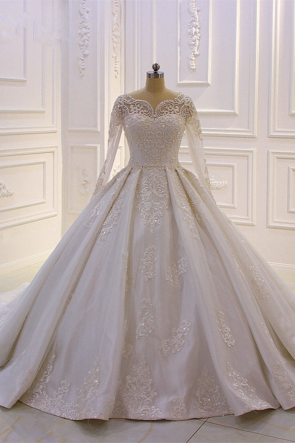 Luxurious White Long Sleevess Appliques Beadings Wedding Dress-Ballbella