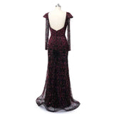 Luxury Asymmetrical Long Sleeves Mermaid Prom Dresses Column Backless With Beads-Ballbella