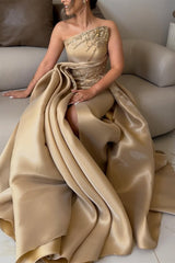 Luxury Asymmetrical Strapless Sleeveless Satin Prom Dresses A-Line Slit Gem With Zipper Pleats-Ballbella