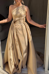 Luxury Asymmetrical Strapless Sleeveless Satin Prom Dresses A-Line Slit Gem With Zipper Pleats-Ballbella