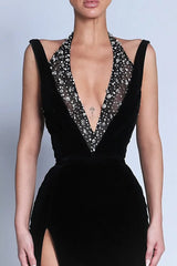 Luxury Black Halter Sleeveless V-Neck Mermaid Prom Dress High Split Gem With Zipper-Ballbella