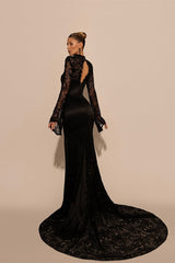 Luxury Black High Collar Long Sleeves Lace Prom Dresses Mermaid Column With Zipper-Ballbella