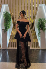 Luxury Black Off-The-Shoulder A-Line Satin Prom Dress Sleeveless Lace With Zipper-Ballbella