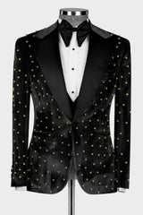 Luxury Black Velvet 3-Piece Prom Suit with Gold Beadings for Dinner-Ballbella