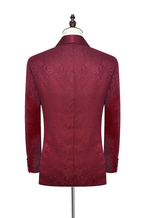 Luxury Burgundy Jacquard One Button Silk Shawl Lapel Mens Suits for Wedding and Prom-Ballbella